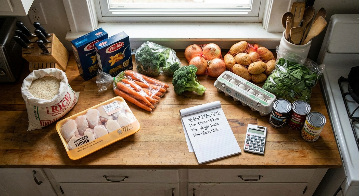 Overhead view of a family kitchen counter with fresh groceries, a notepad with a weekly meal plan, and a calculator showing a total under $100