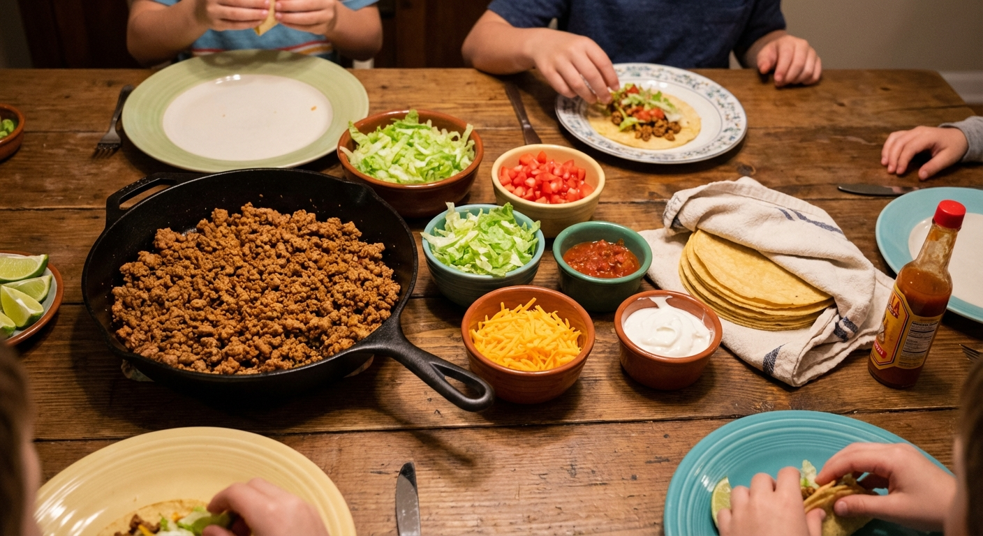 Colourful taco bar spread showing seasoned ground turkey in a skillet, small bowls of shredded lettuce, diced tomato, cheese, sour cream, and a stack of corn tortillas