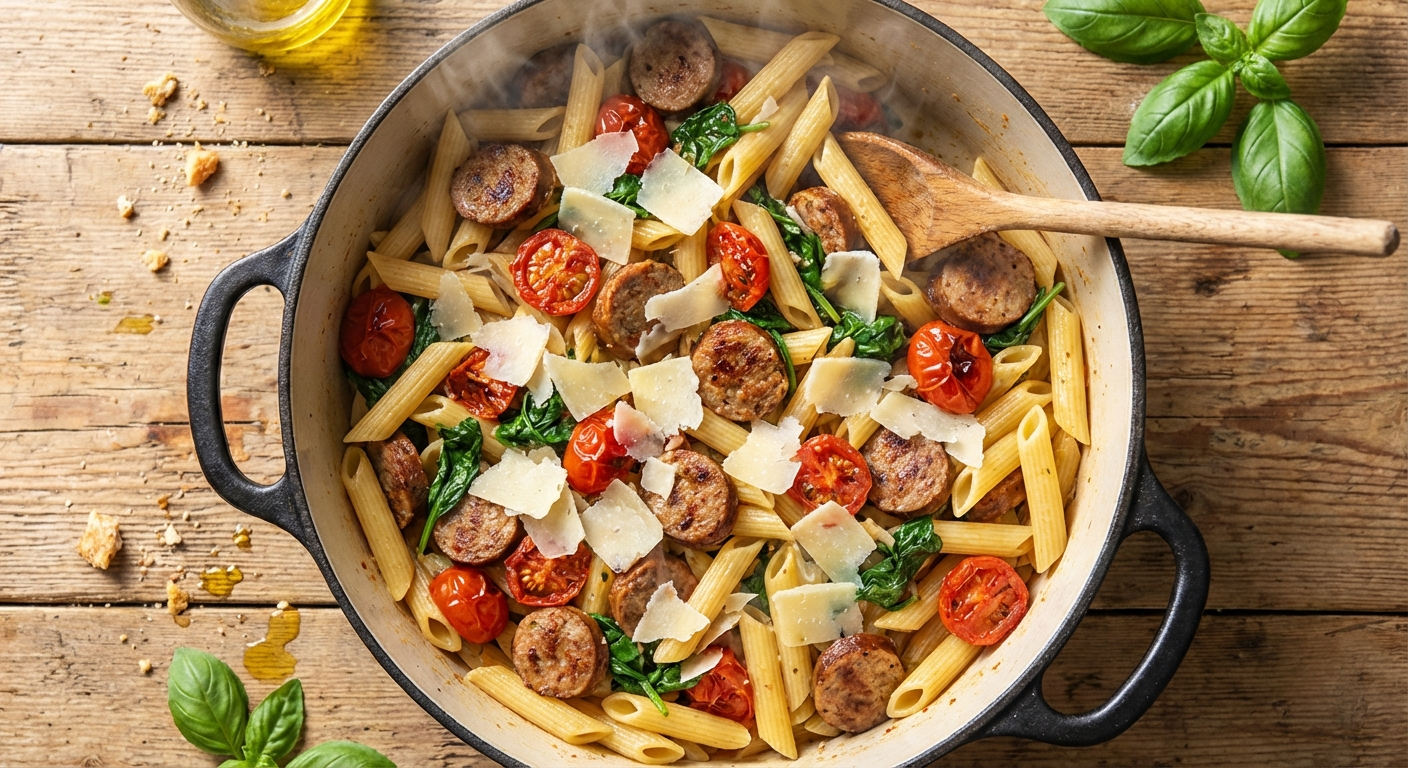Close-up of a large pot filled with penne pasta, sliced Italian sausage, cherry tomatoes, spinach, and shaved parmesan