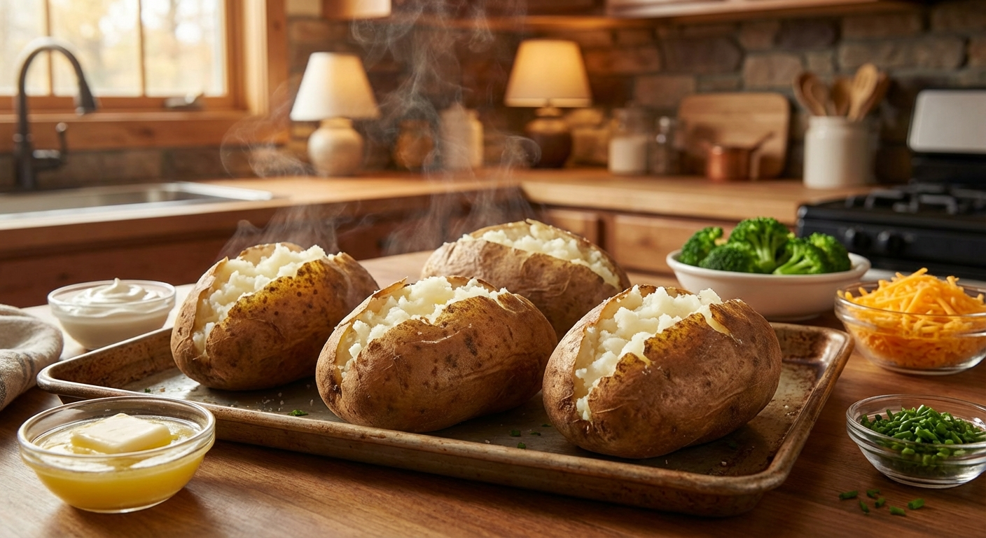 Four large baked potatoes split open on a baking sheet, with a spread of toppings in small bowls including butter, sour cream, shredded cheese, broccoli, and chives
