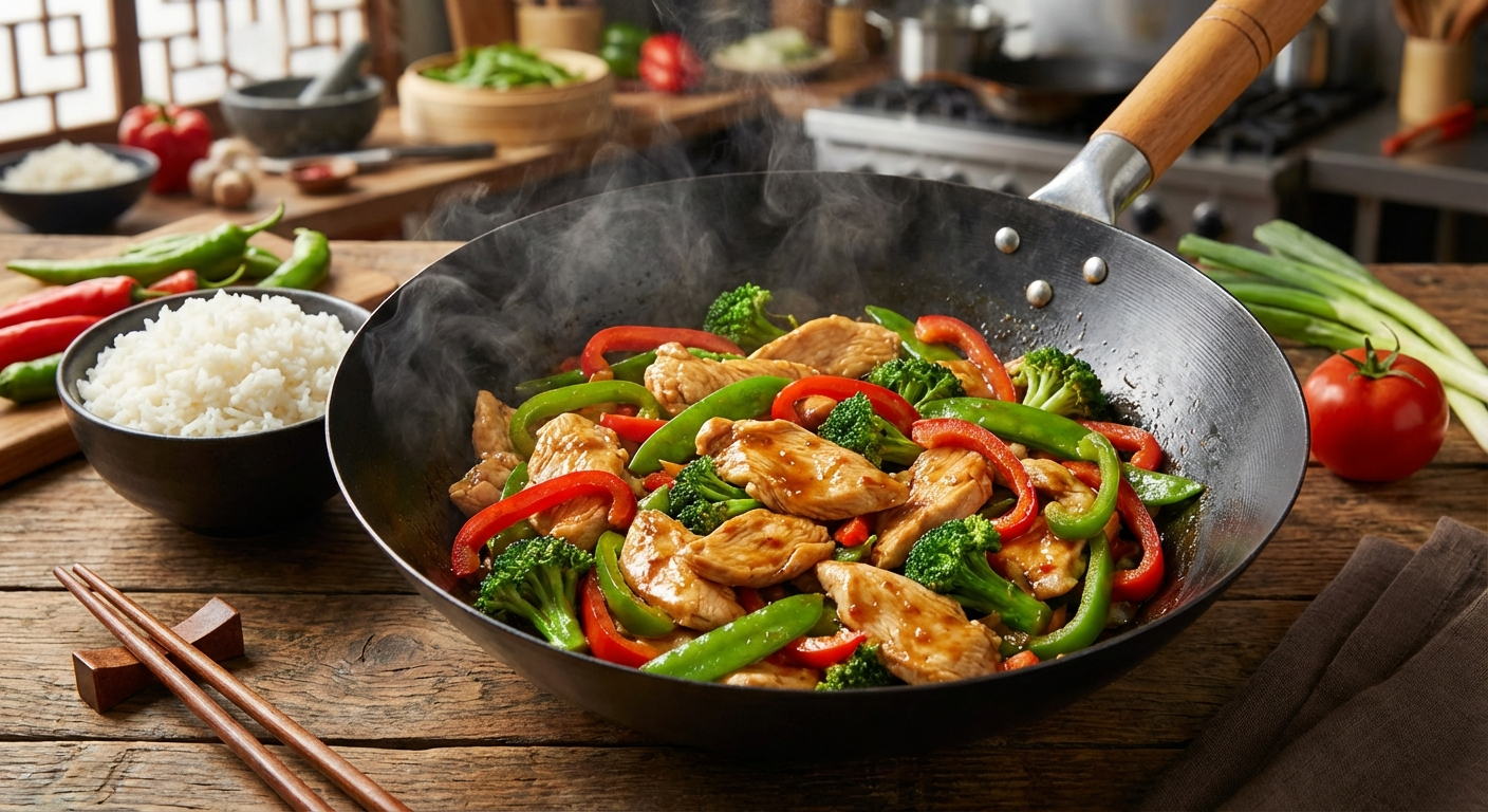 Vibrant stir-fry in a wok with sliced chicken, red and green bell peppers, broccoli, and snap peas in a glossy sauce, served over steamed white rice
